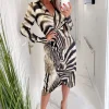 Brown Printed Long Sleeve Wrap Dress With Shoulder Pads