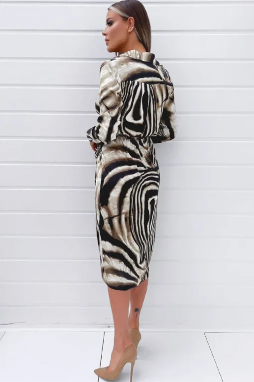 Brown Printed Long Sleeve Wrap Dress With Shoulder Pads