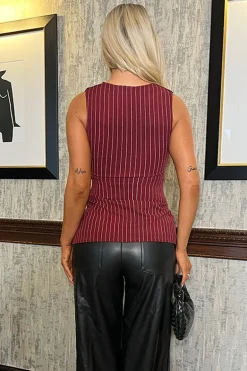 Burgundy Pinstripe Fitted Longline Waistcoat