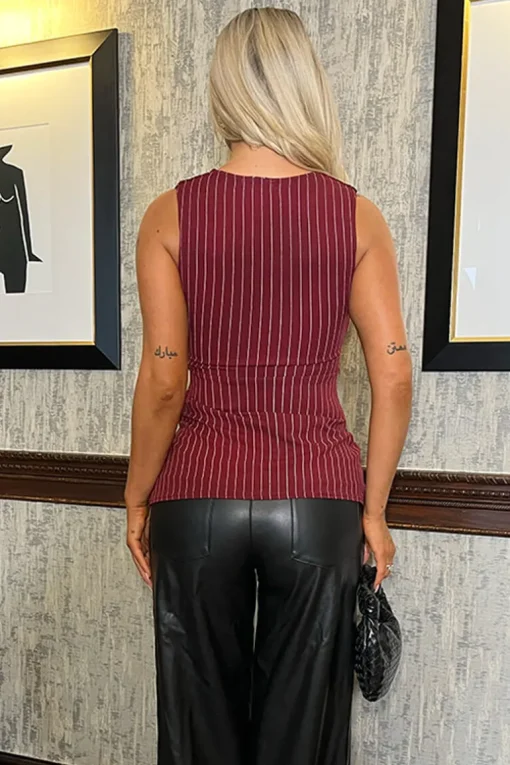 Burgundy Pinstripe Fitted Longline Waistcoat