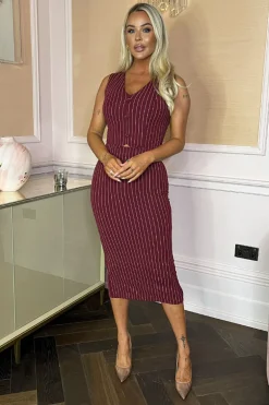 Burgundy Pinstripe Waistcoat Detail Bodycon Midi Dress