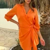 Burnt Orange 3/4 Sleeve Gathered Wrap Shirt Mini Dress