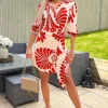 Burnt Orange Abstract Print Gathered Wrap Shirt Mini Dress