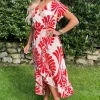 Burnt Orange Abstract Print Wrap Over High Low Frill Hem Midi Dress