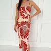 Burnt Orange Abstract Print Cowl Neck Ruched Side Strappy Midi Dress