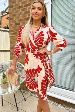 Burnt Orange Abstract Print Gathered Wrap Shirt Mini Dress