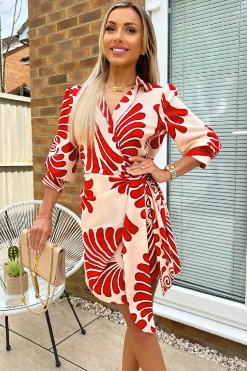 Burnt Orange Abstract Print Gathered Wrap Shirt Mini Dress