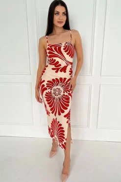 Burnt Orange Abstract Print Cowl Neck Ruched Side Strappy Midi Dress