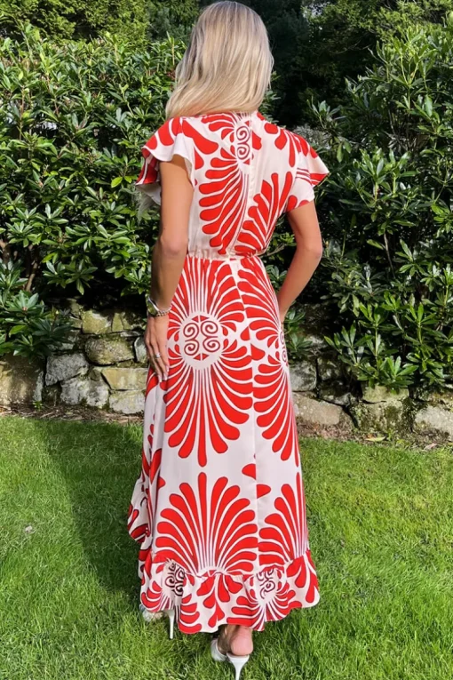 Burnt Orange Abstract Print Wrap Over High Low Frill Hem Midi Dress