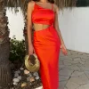 Burnt Orange Asymmetric Cut Out Strappy Midi Dress