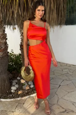 Burnt Orange Asymmetric Cut Out Strappy Midi Dress
