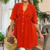 Burnt Orange Button Up Ruched Detail Smock Dress