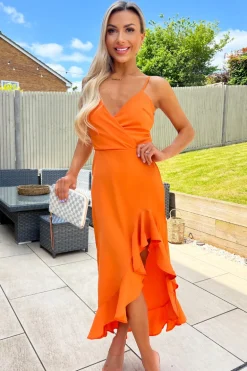 Burnt Orange Frill High Low Midi Dress