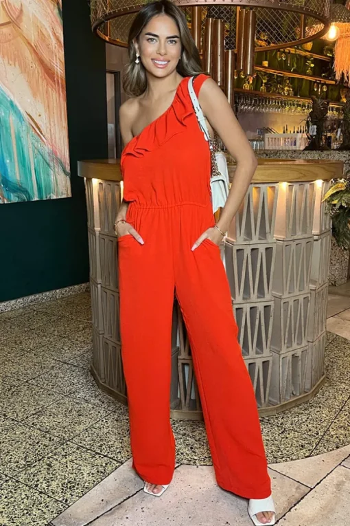 Burnt Orange Frill One Shoulder Jumpsuit