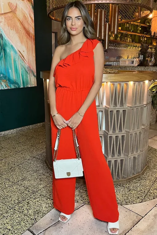 Burnt Orange Frill One Shoulder Jumpsuit