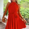 Burnt Orange Halterneck Tie Waist Skater Mini Dress