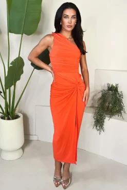 Burnt Orange One Shoulder Knot Skirt Midi Dress