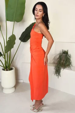 Burnt Orange One Shoulder Knot Skirt Midi Dress