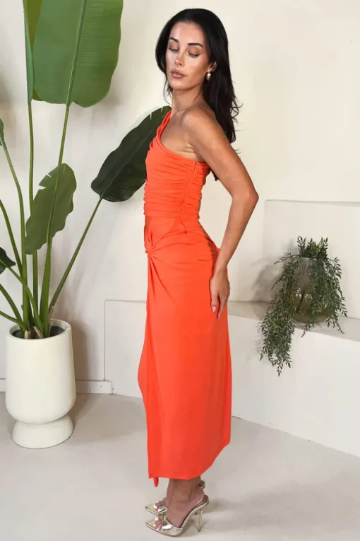 Burnt Orange One Shoulder Knot Skirt Midi Dress