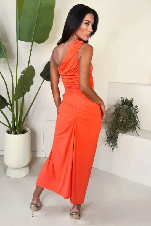 Burnt Orange One Shoulder Knot Skirt Midi Dress