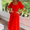 Burnt Orange Puff Sleeve Shirred Waist Smock Midi Dress