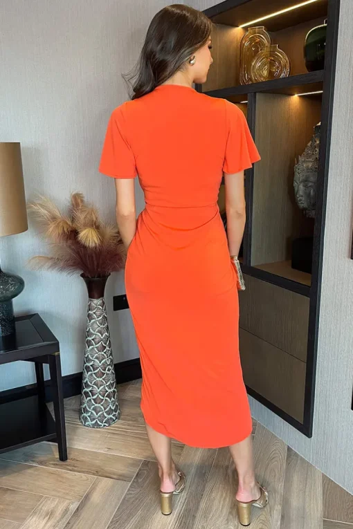 Burnt Orange Short Sleeve Ring Detail Wrap Midi Dress