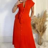 Burnt Orange Tie Waist Button Up Midi Dress