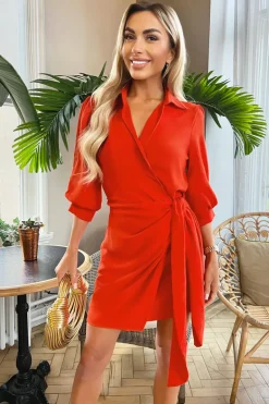 Burnt Orange Wrap Shirt Mini Dress