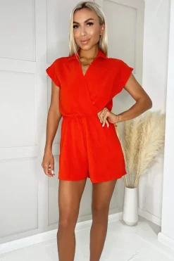 Burnt Orange Wrap Top Short Sleeve Collared Playsuit