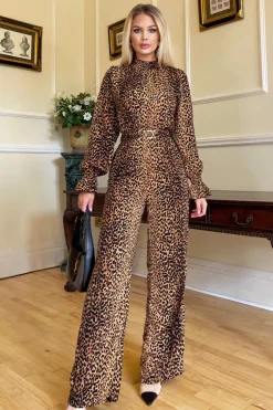 Camel Animal Belted Frill Cuff Sleeve Jumpsuit