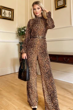 Camel Animal Belted Frill Cuff Sleeve Jumpsuit