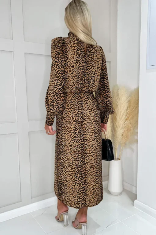 Camel Animal Print High Neck Long Sleeve Midi Dress