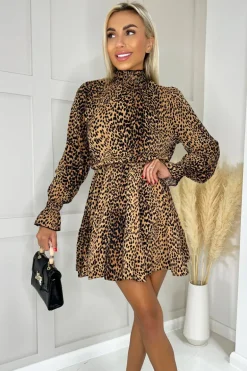 Camel High Neck Animal Print Frill Hem Mini Dress