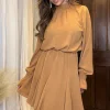 Camel High Neck Shirred Detail Skater Dress