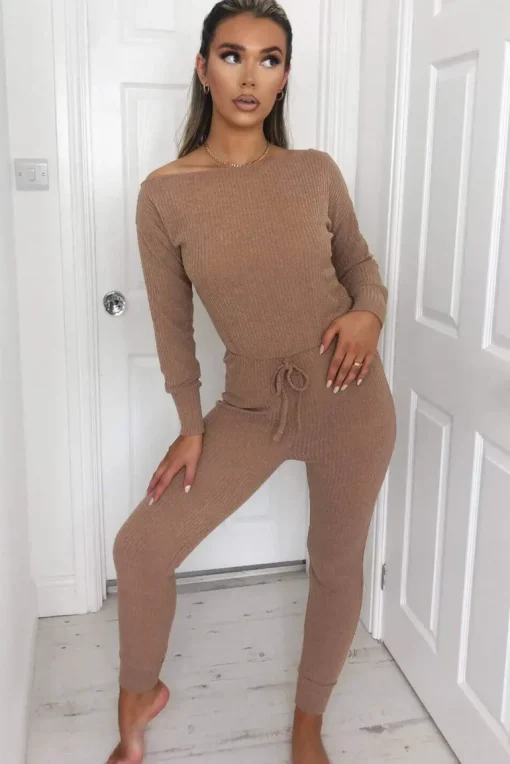 Camel Knitted Long Sleeve Jumpsuit