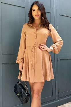 Camel Long Sleeve Button Front Skater Shirt Dress