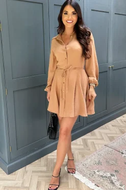Camel Long Sleeve Button Front Skater Shirt Dress