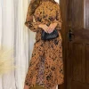 Camel Print High Neck Split Skirt Midi Dress