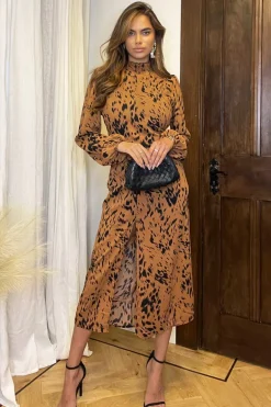Camel Print High Neck Split Skirt Midi Dress