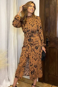 Camel Print High Neck Split Skirt Midi Dress