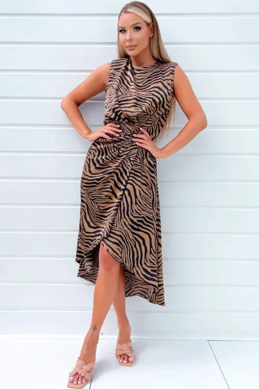 Camel Zebra Print Shoulder Padded Midi Dress
