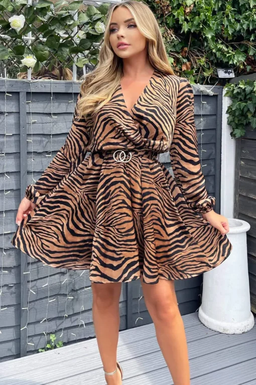 Camel Zebra Print Wrap Skater Dress