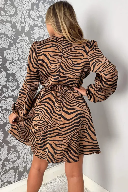 Camel Zebra Print Wrap Skater Dress
