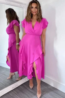 Cerise Frill Detail Double Split Skirt Midi Dress