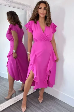 Cerise Frill Detail Double Split Skirt Midi Dress