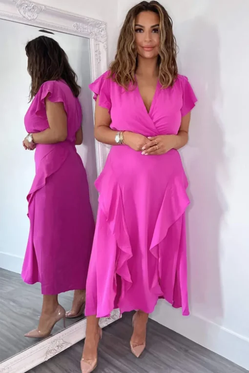 Cerise Frill Detail Double Split Skirt Midi Dress