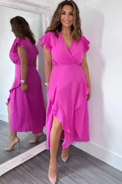 Cerise Frill Detail Double Split Skirt Midi Dress