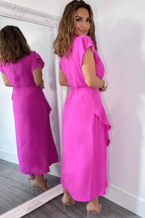 Cerise Frill Detail Double Split Skirt Midi Dress