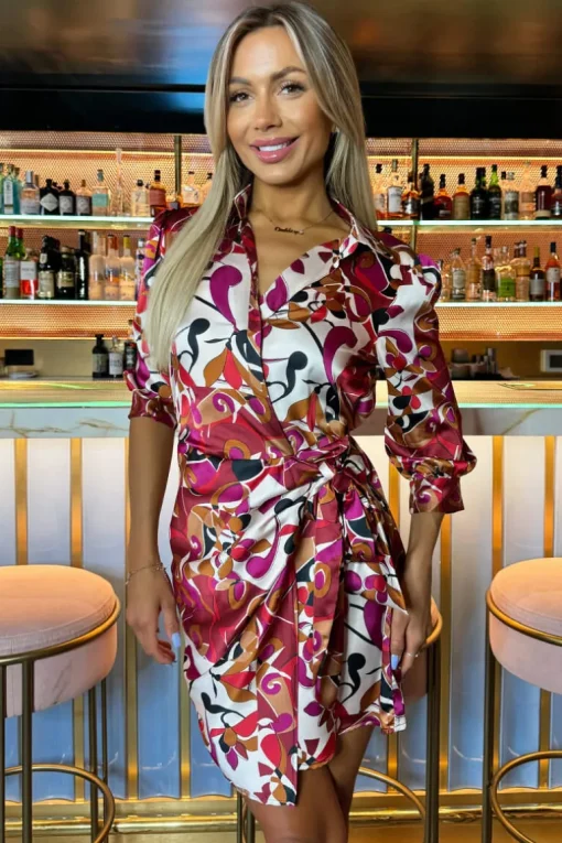 Cerise Printed 3/4 Sleeves Waist Side Tie Mini Dress