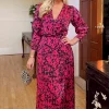 Cerise Printed Wrap Top Split Skirt Midi Dress